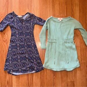Patterned Blue and Solid Green Kids Dresses